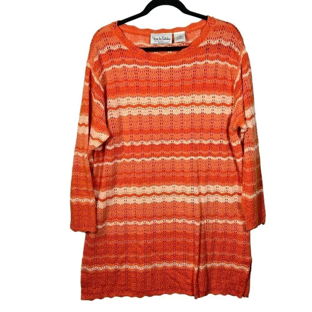 Vintage Diane Von Furstenberg Oversized Orange Striped Crochet Knit‎ Sweater, 1X